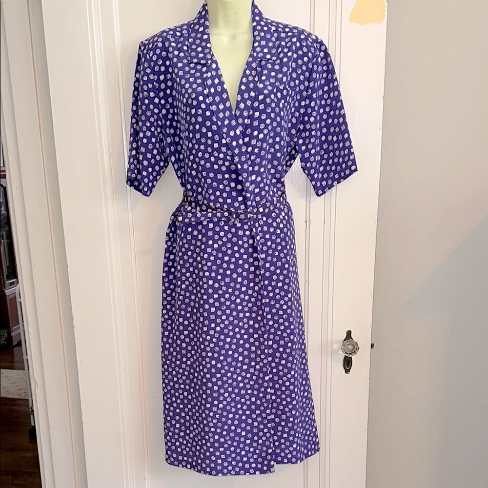 Vintage 80s BGB Ltd Purple & White Polyester Short Sleeve Dress